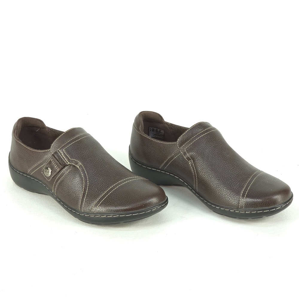 Clarks Collection Cora Poppy Leather Slip-On Shoes 8W Dark Brown Tumbled Comfort - Picture 4 of 10